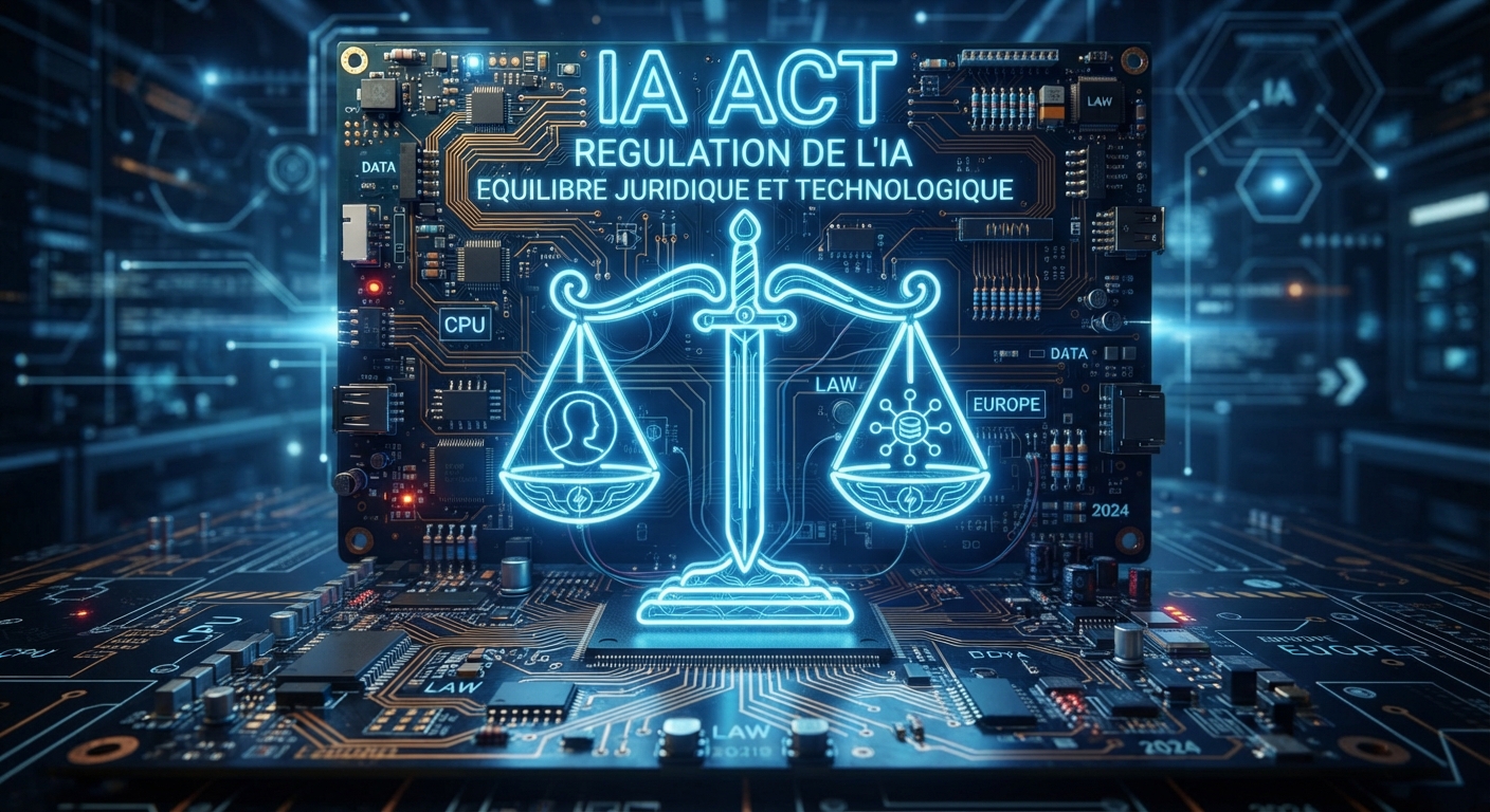 Une balance de la justice stylisée en néon bleu sur un circuit électronique imprimé, style technologique et juridique